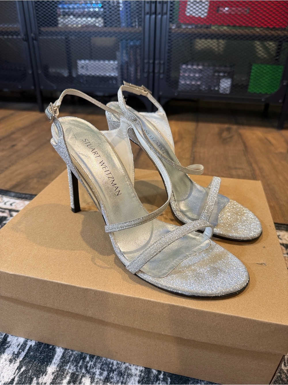 STUART WEITZMAN Glitter Silver Strappy High-Heel Sandals